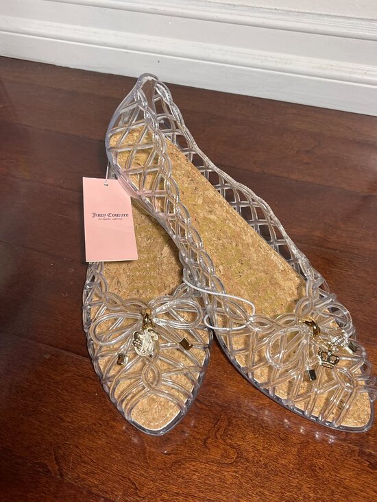 Juicy Couture Shoes - Juicy Couture Jelly Flats Clear Bow Charm Cork Size 10 NWT